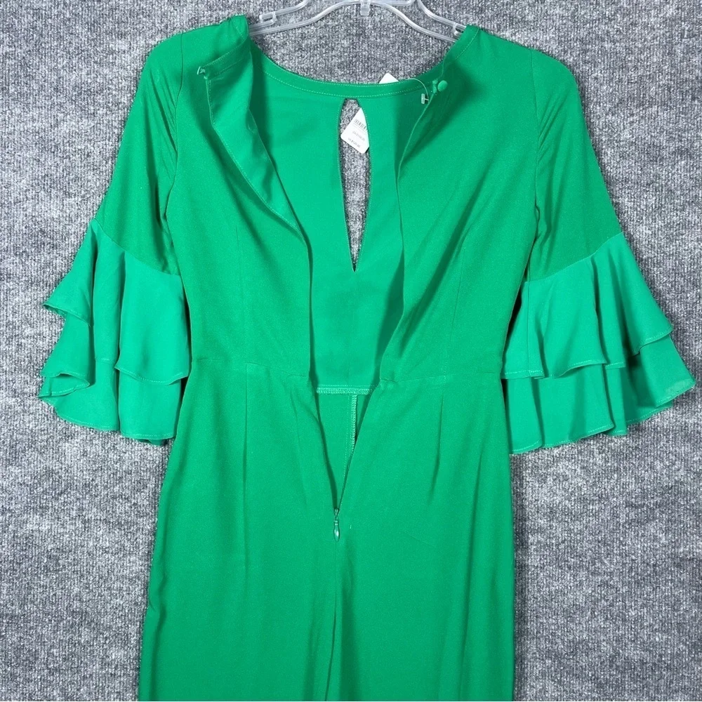 NWT Bebe SZ 0 Kelly Green Nora Jumper Festive Cut Out Tiered Bell Sleeve Pockets